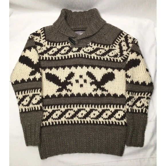 American Eagle Sweater Chowichan Style Chunky Knit Wool Cowl Shawl Collar Mens L - Picture 1 of 11